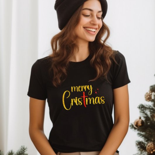 金ゴールドレッドグリッターメリークリスマスクリスクロス Tシャツ