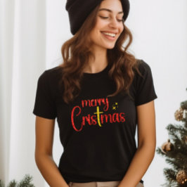 金ゴールドレッドグリッターメリークリスマスクリスクロス Tシャツ