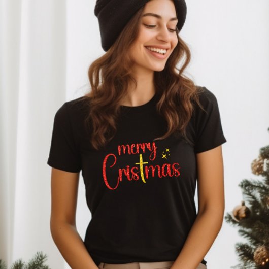金ゴールドレッドグリッターメリークリスマスクリスクロス Tシャツ