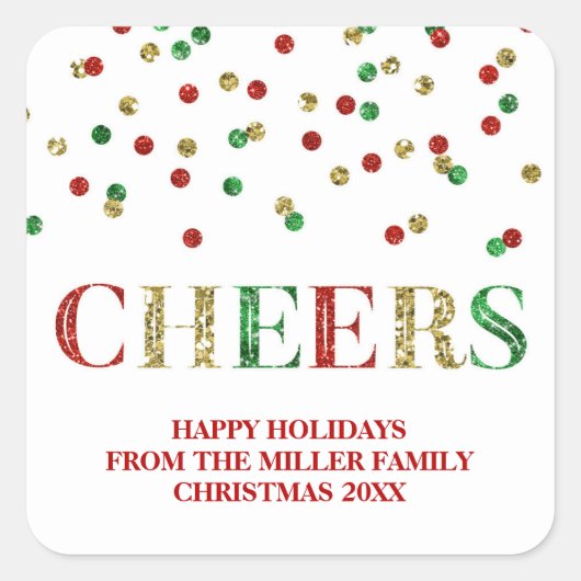 金ゴールドレッドグリッター紙吹雪応援クリスマスカスタム スクエアシール (正面)