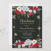 金ゴールドレッドグリーンフローラスノーフレーククリスマス 招待状 (正面)