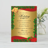 金ゴールドレッドグリーンホリー葉ズベルクリスマスホリデー 招待状 (スタンド正面)