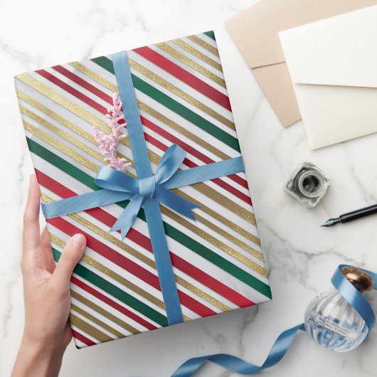 金ゴールドレッドストライプグリーン紙 ラッピングペーパー (ギフト)