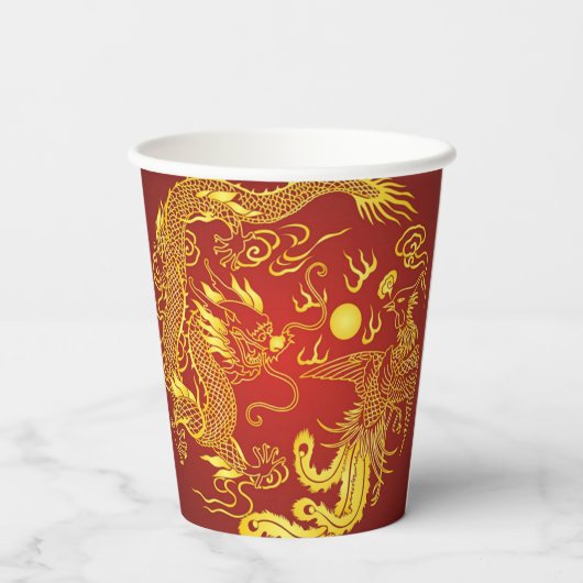 金ゴールドレッドドラゴンフェニックス中国の結婚式の引き出物 紙コップ (裏面)