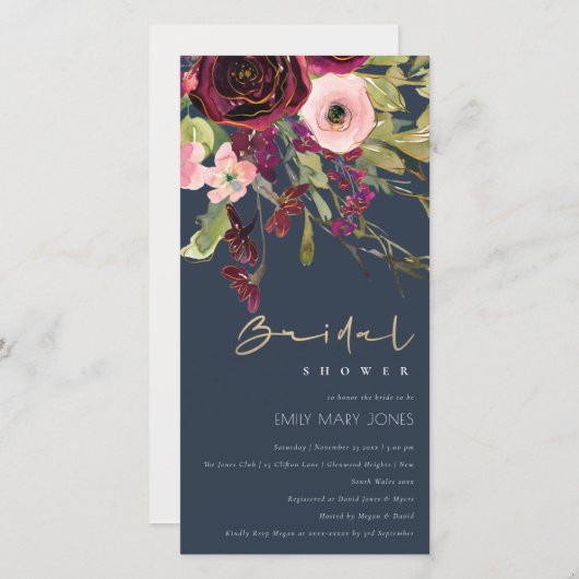金ゴールドレッドネイビーピンクローズフローラブライダルシャワー招待状 サンキューカード (正面/裏面)