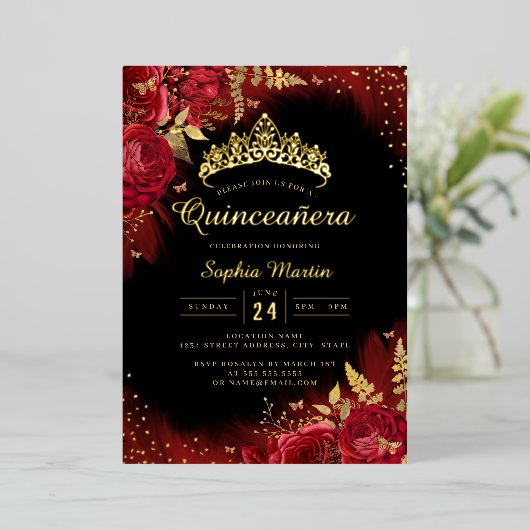 金ゴールドレッドバタフライフローラキンセアニェラ 箔招待状 (立ち正面)