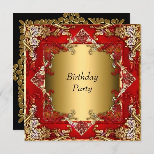 金ゴールドレッドバースデーパーティレッド金ゴールド 招待状 (正面/裏面)