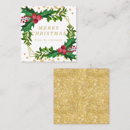 金ゴールドレッドファミリーメリークリスマスホリーグリッター スクエア名刺 (正面/裏面)