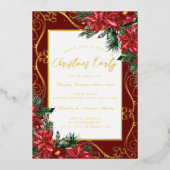 金ゴールドレッドフェスティバルフローラフレームクリスマスパーティー 箔招待状 (正面)