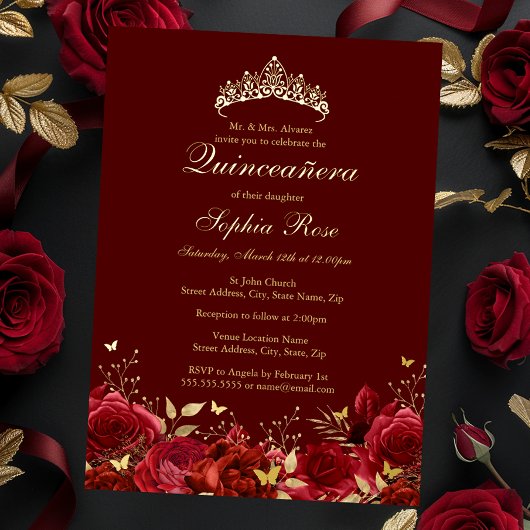 金ゴールドレッドフローラバタフライティアラキンセアニェラ 箔招待状