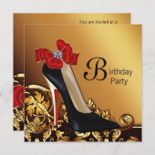 金ゴールドレッドブラックハイヒールシューバースデーパーティー 招待状 (正面/裏面)
