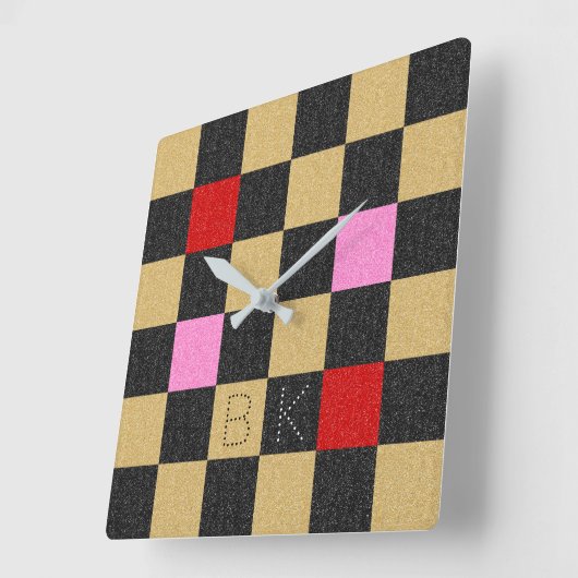 金ゴールドレッドブラックピンクグリッターシ市松模様にックユニークシック スクエア壁時計 (傾斜)