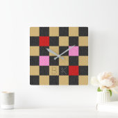 金ゴールドレッドブラックピンクグリッターシ市松模様にックユニークシック スクエア壁時計 (ホーム)