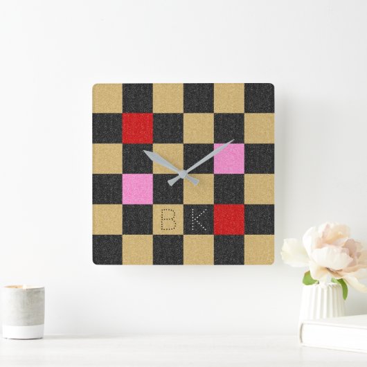 金ゴールドレッドブラックピンクグリッターシ市松模様にックユニークシック スクエア壁時計 (ホーム)