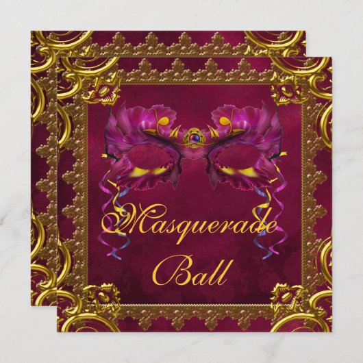 金ゴールドレッドブルゴーニュのマルーン仮面舞踏会 招待状 (正面/裏面)