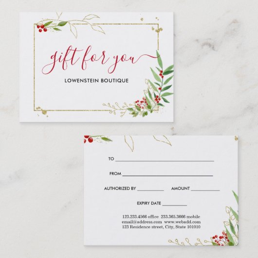 金ゴールドレッドベリーホリデーギフト証明書 割引カード (正面/裏面)
