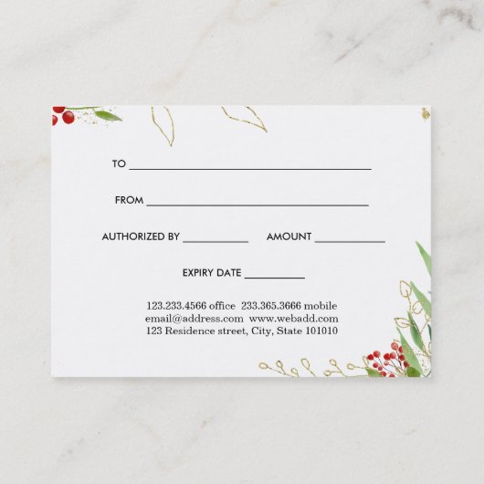 金ゴールドレッドベリーホリデーギフト証明書 割引カード (裏面)