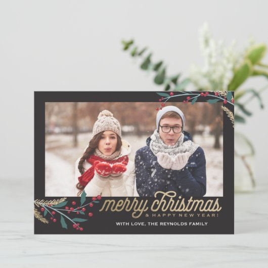 金ゴールドレッドベリー写真フレーム |メリークリスマス シーズンカード (スタンド正面)