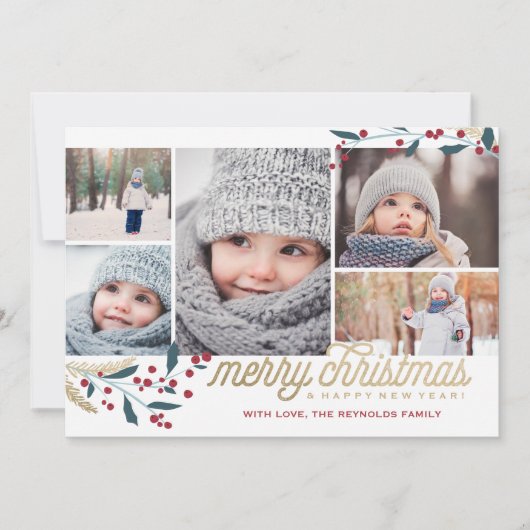 金ゴールドレッドベリー5フォトコラージュ |メリークリスマス シーズンカード (正面)