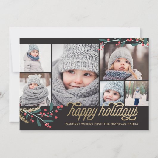 金ゴールドレッドベリー6フォトコラージュ |ハッピーホリデー シーズンカード (正面)
