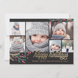 金ゴールドレッドベリー6フォトコラージュ  ハッピーホリデー シーズンカード