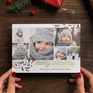 金ゴールドレッドベリー6フォトコラージュ  メリークリスマス シーズンカード