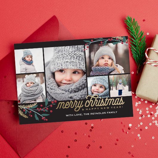 金ゴールドレッドベリー6フォトコラージュ |メリークリスマス シーズンカード