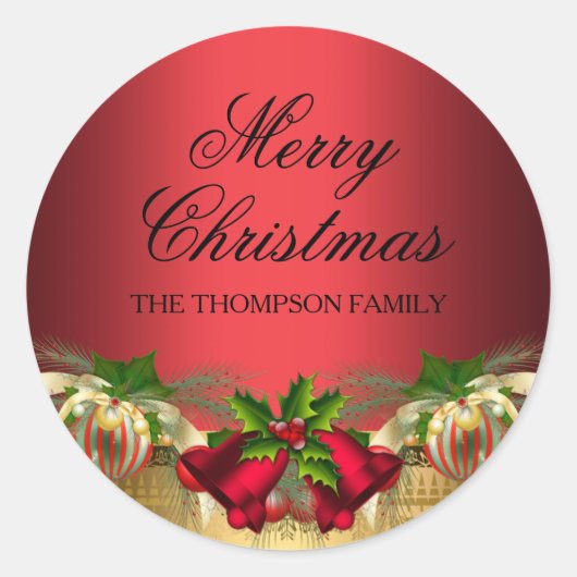 金ゴールドレッドベル&ボーブルクリスマスステッカー ラウンドシール (正面)