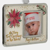 金ゴールドレッドポインセチア輝く初めてのクリスマス写真 シルバープレートフレームオーナメント (右)