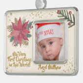 金ゴールドレッドポインセチア輝く初めてのクリスマス写真 シルバープレートフレームオーナメント (左)