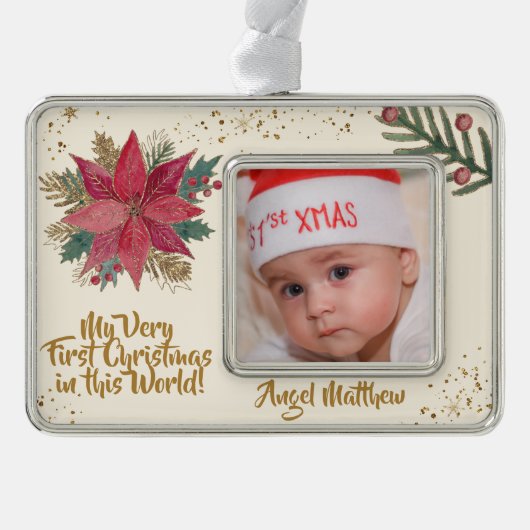 金ゴールドレッドポインセチア輝く初めてのクリスマス写真 シルバープレートフレームオーナメント (正面)