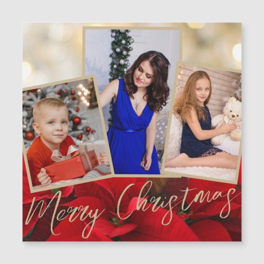 金ゴールドレッドポインセチア・メリークリスマスマグネットカード (正面)