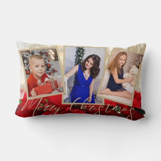 金ゴールドレッドポインセチアMerry Christmas 3枚の写真投げ ランバークッション (裏面)