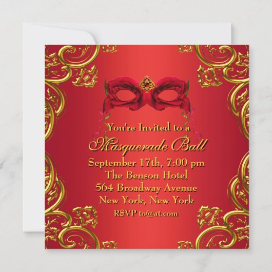 金ゴールドレッドマスク赤マスカレードパーティー 招待状 (裏面)