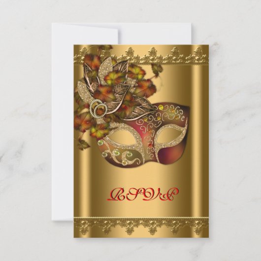 金ゴールドレッドマスク金ゴールドレッドマスカレードパーティーRSVP 出欠カード (正面)
