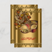 金ゴールドレッドマスク金ゴールドレッドマスカレードパーティーRSVP 出欠カード (正面/裏面)