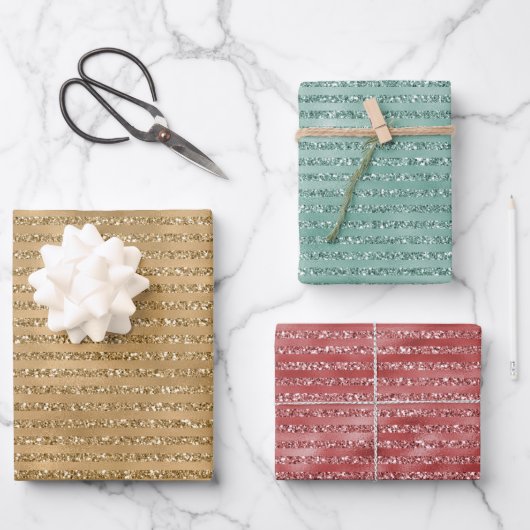 金ゴールドレッドミントグリーングリッターストライプズ ラッピングペーパーシート (正面)
