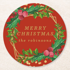 金ゴールドレッドメリークリスマスパーティーホリーグリッター ラウンドペーパーコースター
