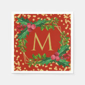 金ゴールドレッドモノグラムメリークリスマスグリッター スタンダードカクテルナプキン (正面)