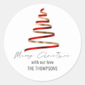 金ゴールドレッドリボンツリー名メリークリスマス ラウンドシール (正面)