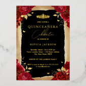 金ゴールドレッドローズティアラレースキンセアニェラ誕生日 箔招待状 (正面)