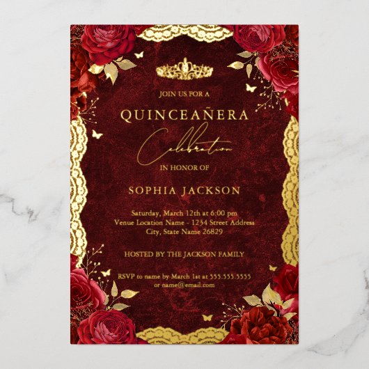 金ゴールドレッドローズレースキンセアニェラ誕生日 箔招待状 (正面)