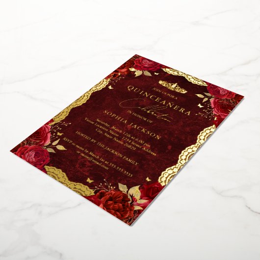 金ゴールドレッドローズレースキンセアニェラ誕生日 箔招待状 (回転した状態)