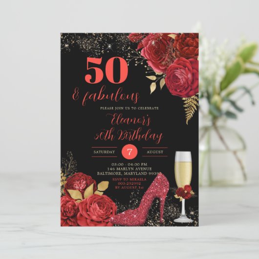 金ゴールドレッドローゼスティレットハイトハイトアダルト誕生日 招待状 (スタンド正面)