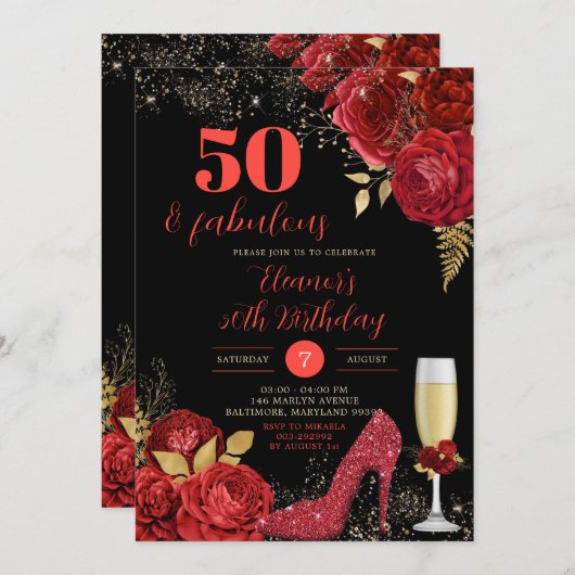 金ゴールドレッドローゼスティレットハイトハイトアダルト誕生日 招待状 (正面/裏面)