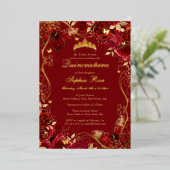 金ゴールドレッドヴィンテージ蝶フローラキンセアニェラ 箔招待状 (立ち正面)