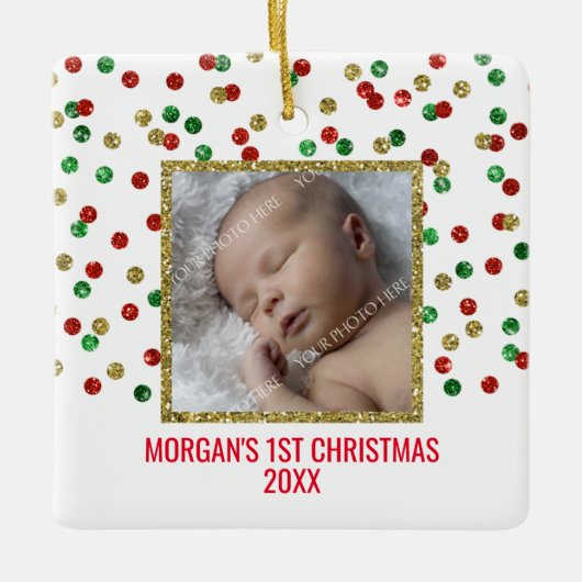 金ゴールドレッド・グリーンベビーの初めてのクリスマス写真 セラミックオーナメント (正面)