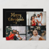 金ゴールドレトロメリークリスマスファミリーフォトコラージュ シーズンカード (正面/裏面)