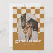 金ゴールドレトロ市松模様にアーチヴィンテージ写真卒業 招待状 (正面)