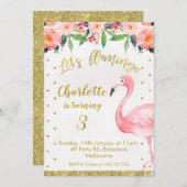 金ゴールドレフェイクッツフラミングル誕生日招待状 招待状 (正面/裏面)